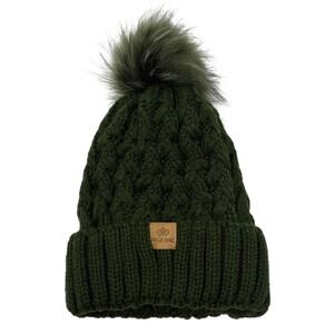 Page One Hat Beanie Womens One Size Green Knit Pom Pom Fleece Lined Winter Warm